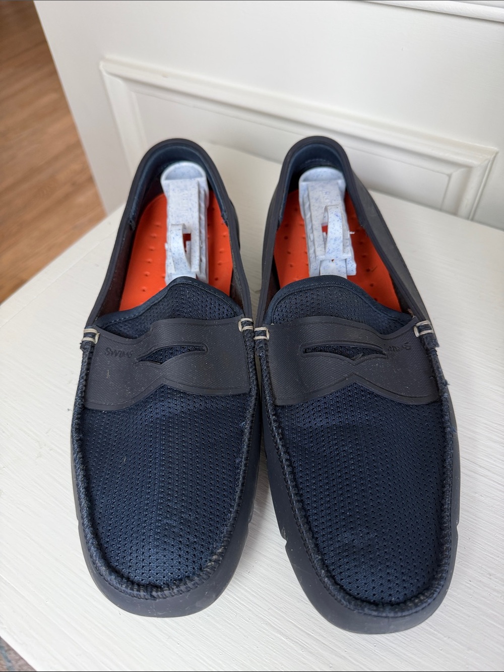 Swims Navy Mesh Slip-On Penny Loafers with Orange Insole. Water Boating. Size 10